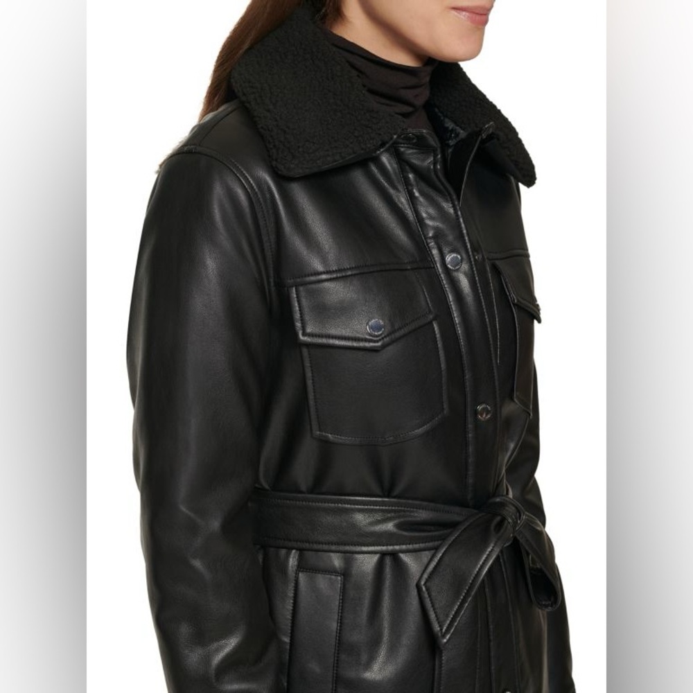 Kennth Cole Faux Leather & Faux Shearling Belted Shirt Jacket (Black) - Picture 4 of 5